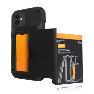 R2B iPhone 12 + 12 Pro Hoesje met Pasjeshouder - Screenprotector - 4 Pasjes - Robuust & Beschermend - Zwart
